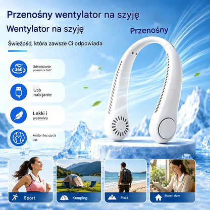 Wentylator na szyję z funkcją chłodzenia – wyjątkowo cichy, przenośny i obracany o 360° – idealny na lato