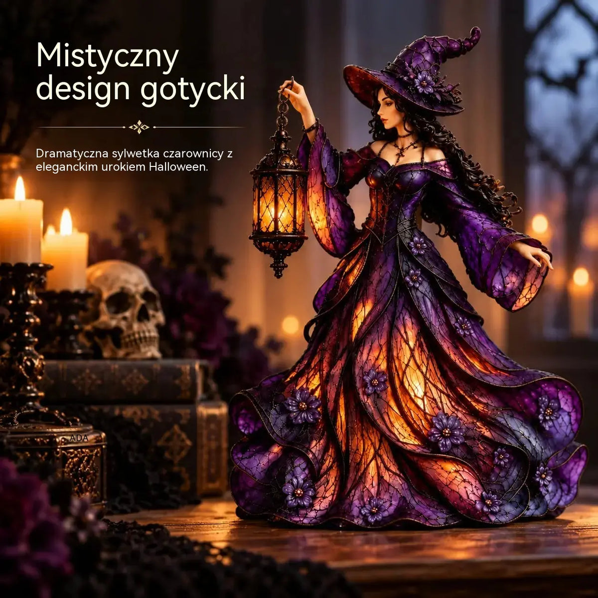 🧙‍♀️ Gotycka figurka wiedźmy na Halloween z latarnią LED 🧙‍♀️