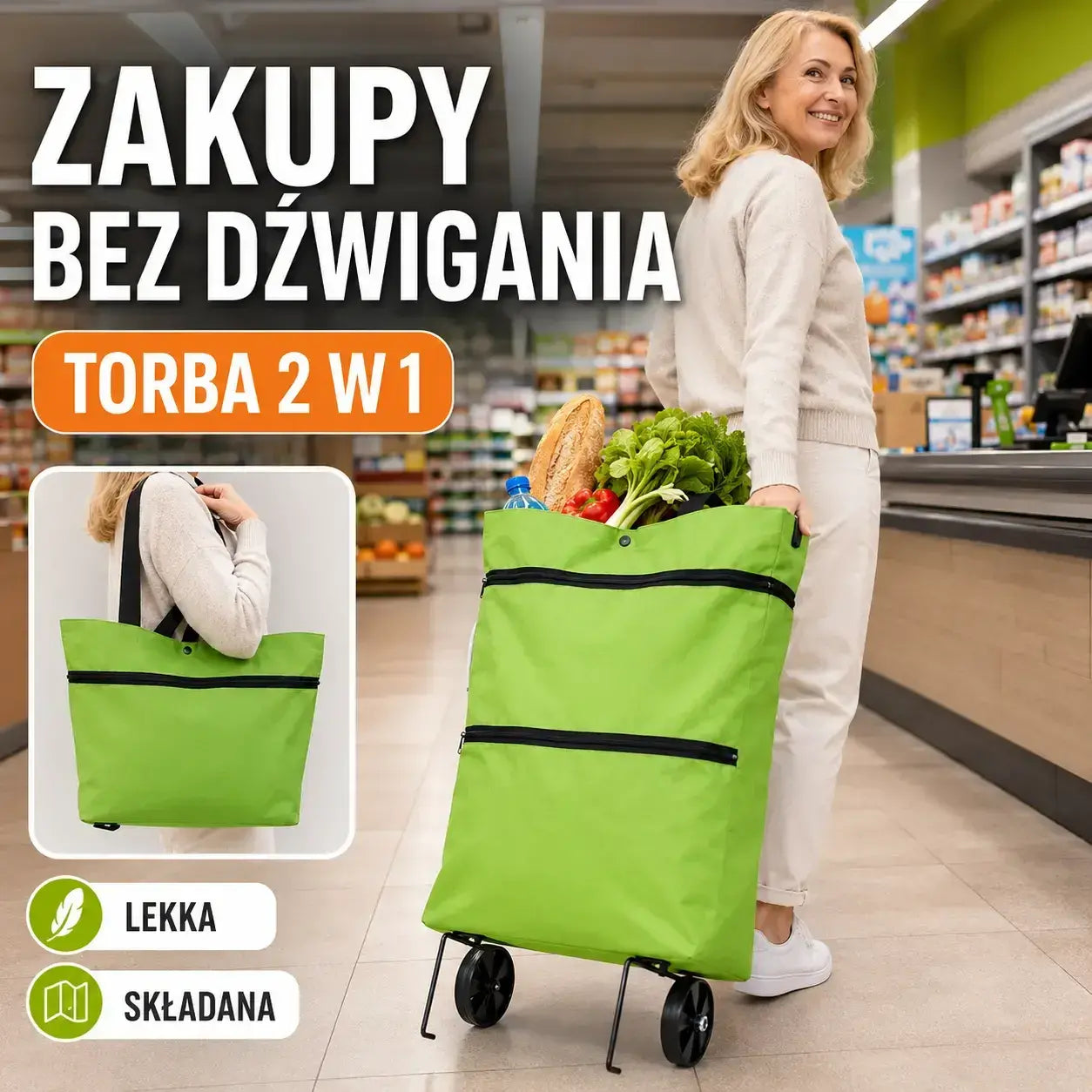 1 sztuka 109zł【Najlepiej sprzedający się produkt】🛒♻️2 w 1 składana torba na zakupy i plecak, lekka torba na zakupy/wózek na kółkach