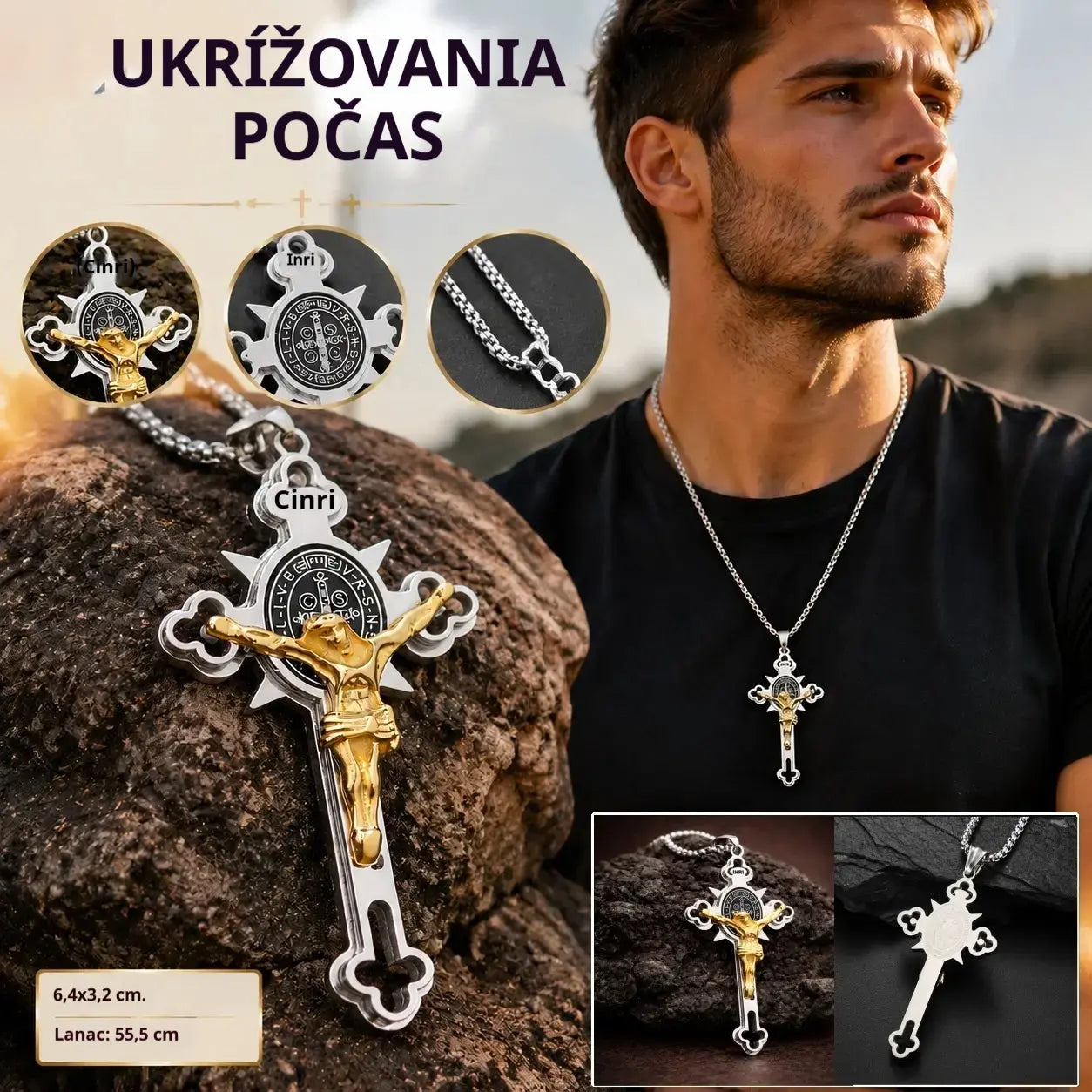 Prívesok s krížikom vo vintage štýle – prívesok svätého Benedikta odolný voči zafarbeniu s nastaviteľnou retiazkou