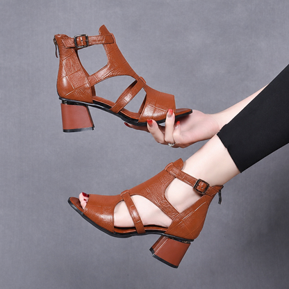 👡✨【35-40】Нови дамски римски сандали от мека кожа, с меко ходило, отворени пръсти и дебел ток