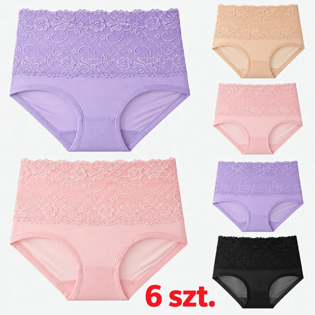 【Zestaw 6 szt.】【M–6XL】💥Ostatni dzień -50%: Damskie majtki z wysokim stanem i koronkowym wykończeniem, dostępne w dużych rozmiarach