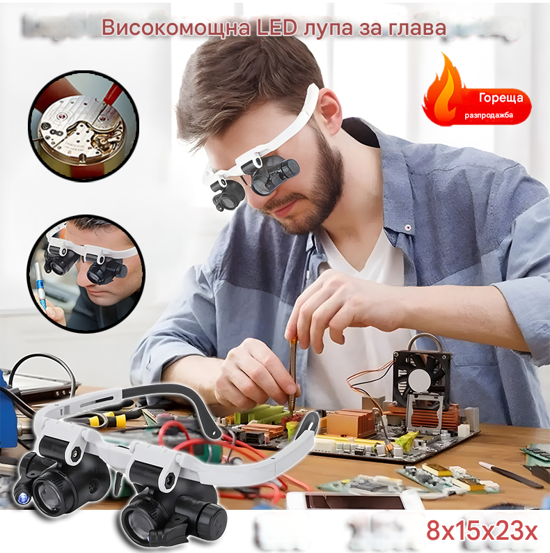 🔍Лупа с окуляри 8x, 15x и 23x с LED осветление. Подходяща за механични инструменти, ремонт на часовници, гравиране и оценка на антикварни бижута.