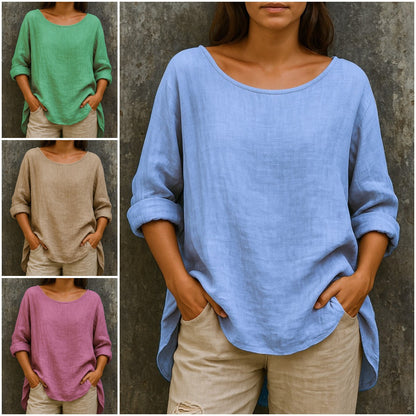 Плащане при доставка🦋🦋【S-3XL】Свободна, модерна памучно-ленена тениска с обло деколте в ретро стил за дами с по-големи размери