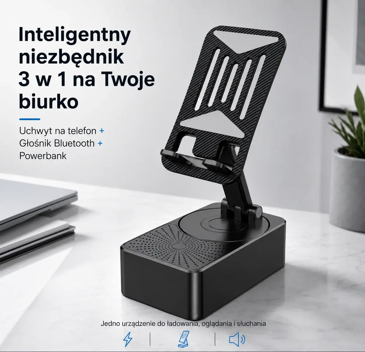 3 w 1: Głośnik Bluetooth + Ładowarka + Uchwyt na telefon obracany o 360°