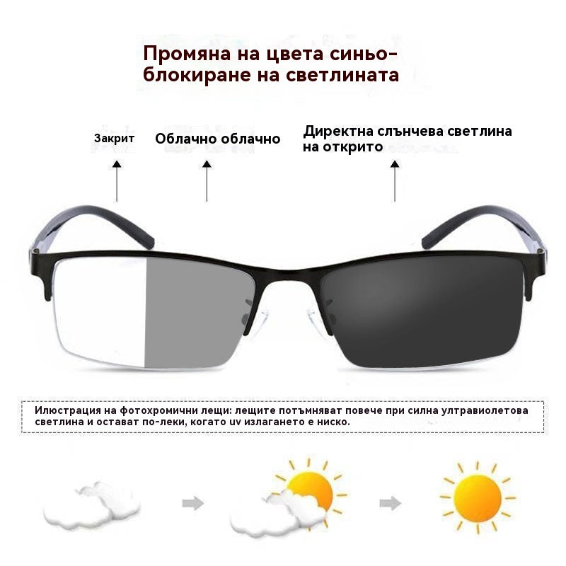 👓✨【50% отстъпка🔥】Метални фотохромни слънчеви очила с половин рамка, диоптрични очила с антисиня светлина, слънчеви очила за шофиране