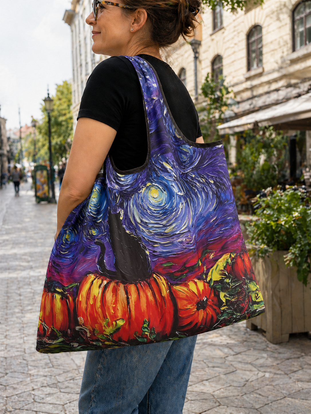 【Płatność przy odbiorze】Duża składana torba ekologiczna 56×40 cm z artystycznym nadrukiem, lekka i kompaktowa na zakupy