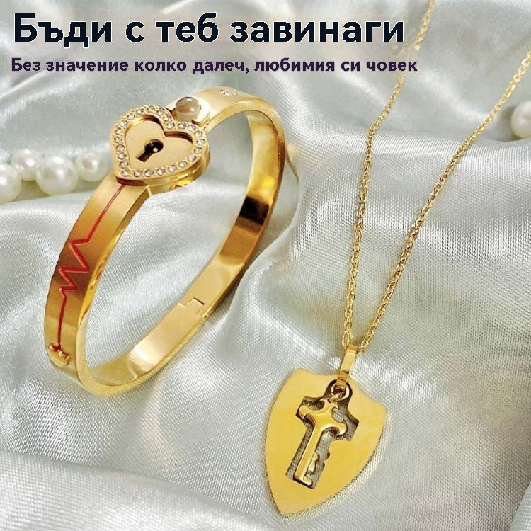 🔐💖🔑Заключете любовта и я подарете от сърце: любовна гривна с катинар + любовно колие с ключ, с кутия за бижута