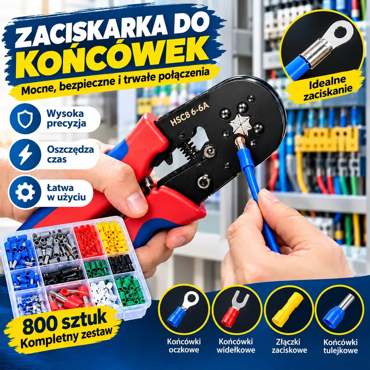 Kompletny zestaw: zaciskarka + 800 końcówek w różnych rozmiarach, idealny do instalacji elektrycznych i motoryzacji
