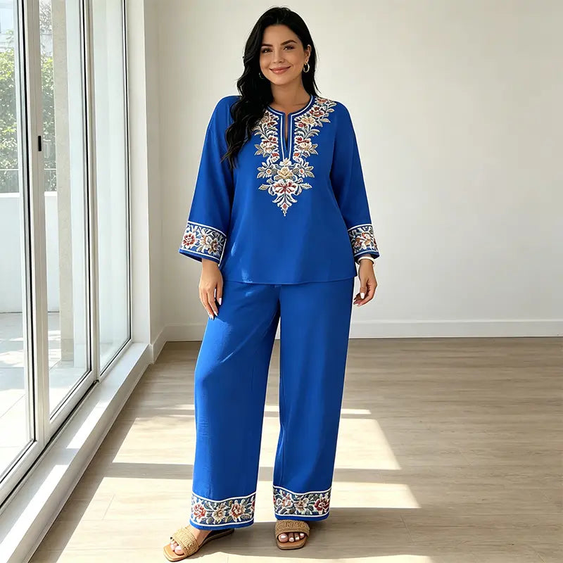 Dwuczęściowy damski letni komplet z lnu, luźna bluzka z kwiatowym nadrukiem i szerokie spodnie, miękki, przewiewny i przyjazny dla skóry materiał