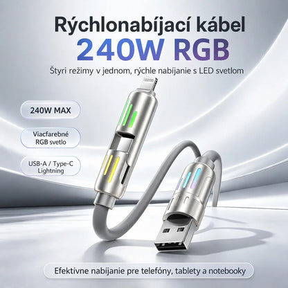 🔥 【2 kusy za 22 €】 🔥 (dĺžka 2 metre) Kábel 4 v 1 PD 240 W – rýchle nabíjanie cez USB-C, Lightning a USB-A, hliník a silikón, synchronizácia dát ⚡📱