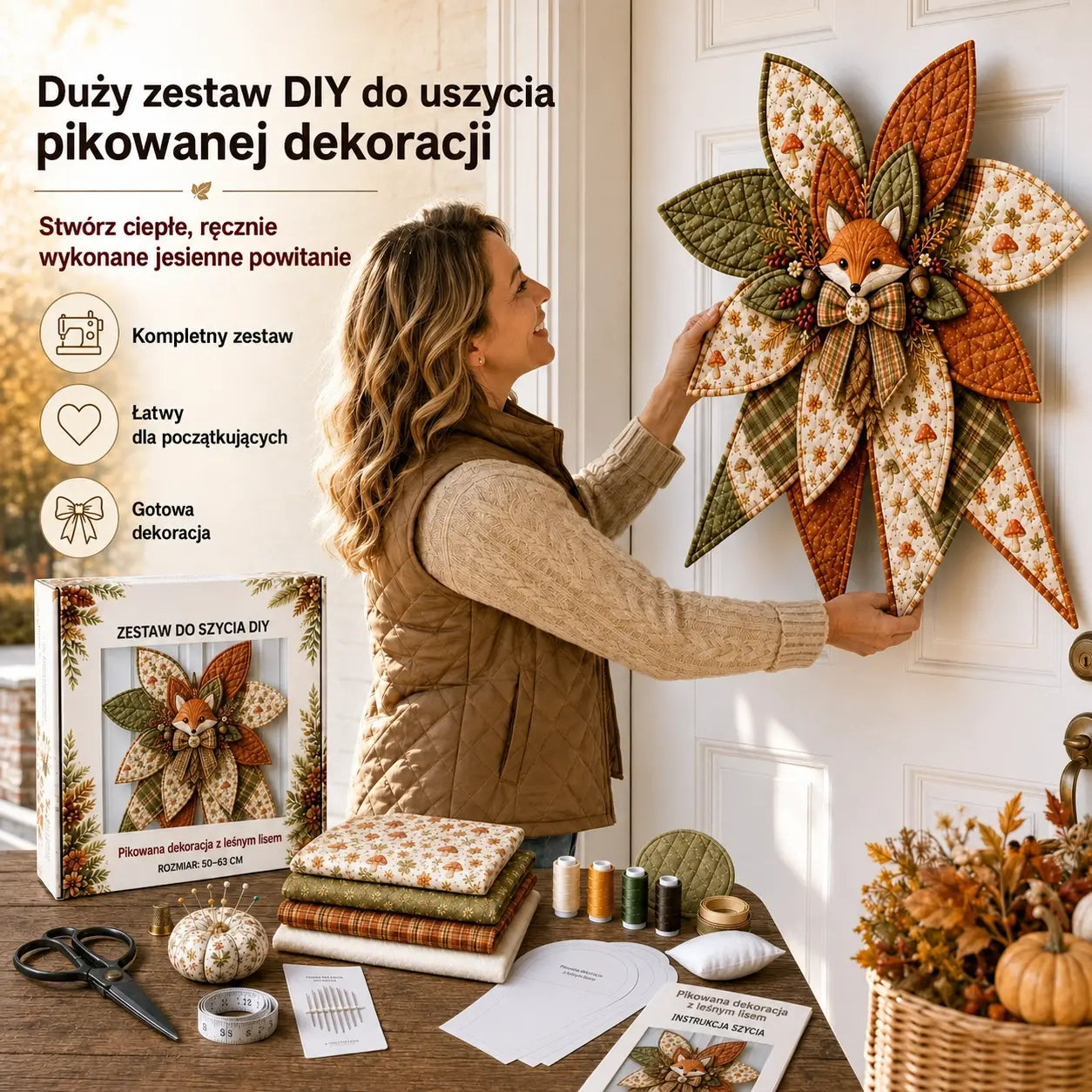 🎇🎄 Ostatni dzień wyprzedaży – 49% zniżki na zestaw do szycia bardzo dużych, pikowanych kokard do zawieszenia na drzwi (8 wzorów).