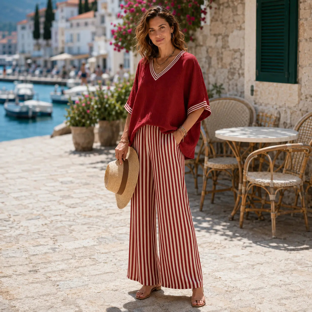 💐【S-4XL】Klasická pruhovaná súprava z bavlny a ľanu (top + nohavice)