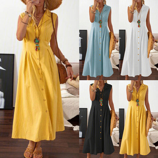 🎀💃【-50% popusta 💥】【S–3XL】Ženska haljina od pamuka i lana, plus size, s kragnom na preklop i gumbima, lagana i prozračna