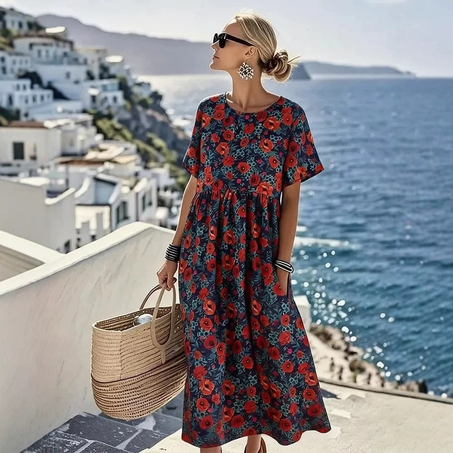 👗【S-4XL】Letnia sukienka casual z nadrukiem 2026, okrągły dekolt, z kieszeniami – płatność przy odbiorze