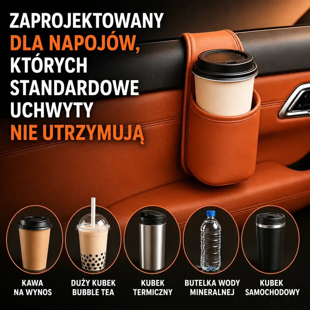 Organizer do drzwi samochodowych – kieszeń do przechowywania z uchwytem na kubek, zawieszana w szczelinie przy szybie