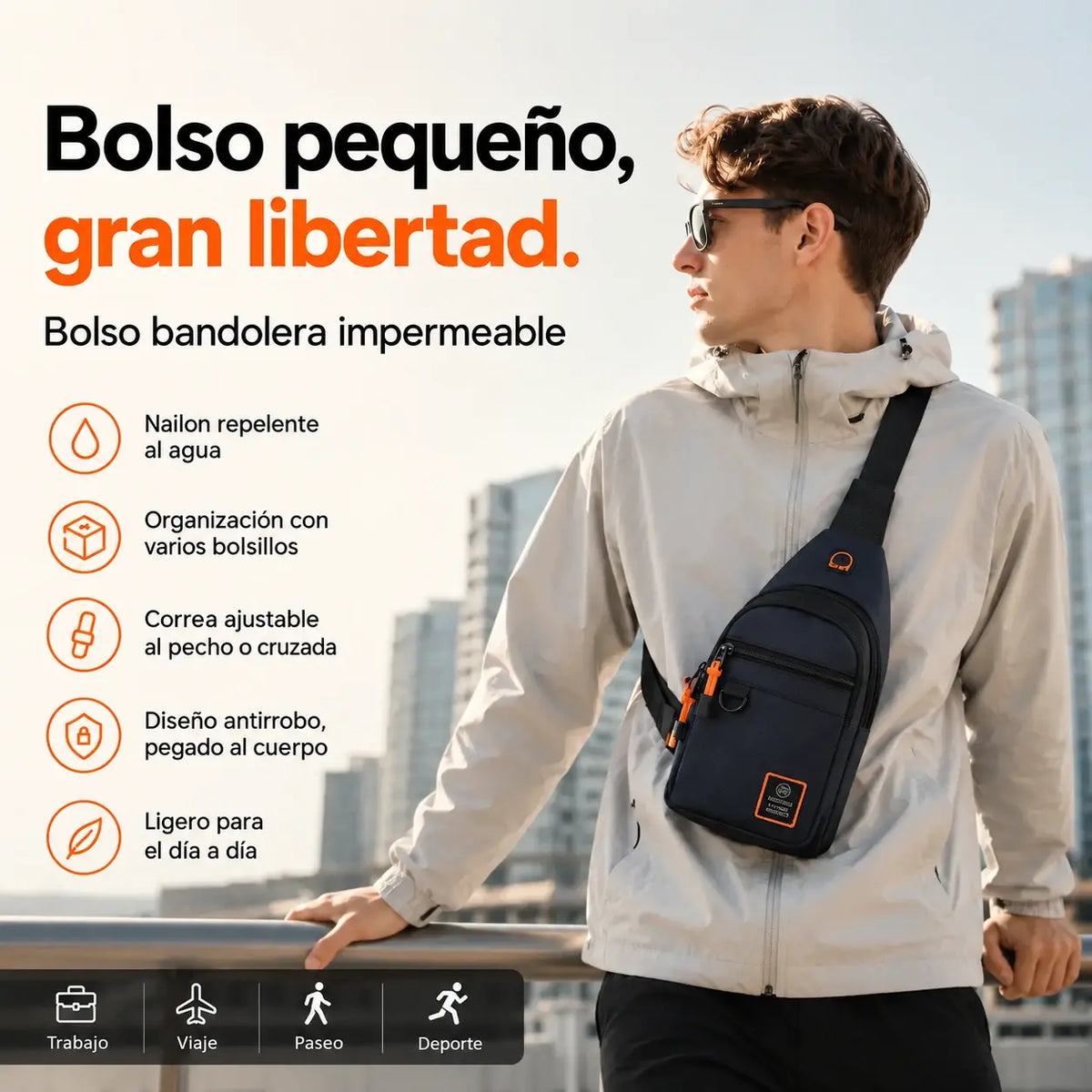 🎒 ✨ Bolso bandolera resistente al agua con múltiples bolsillos – almacenamiento organizado, correa ajustable y puerto para auriculares