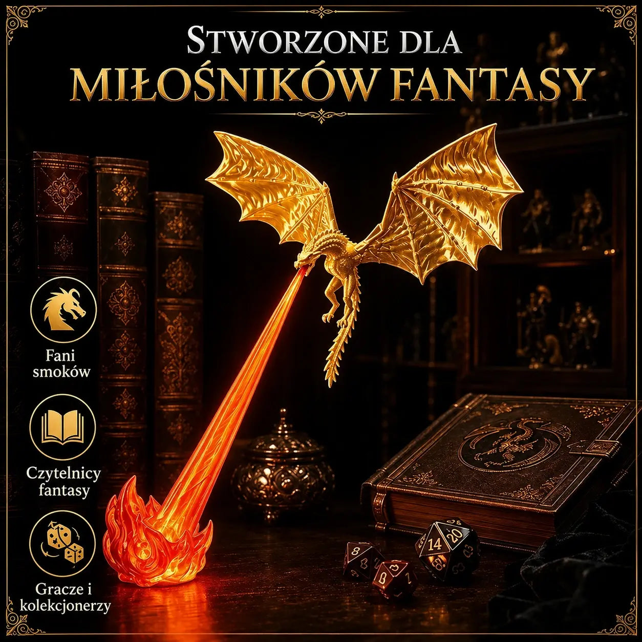 Lampa LED 3D w kształcie smoka ziejącego ogniem | Świecąca dekoracja fantasy na półkę