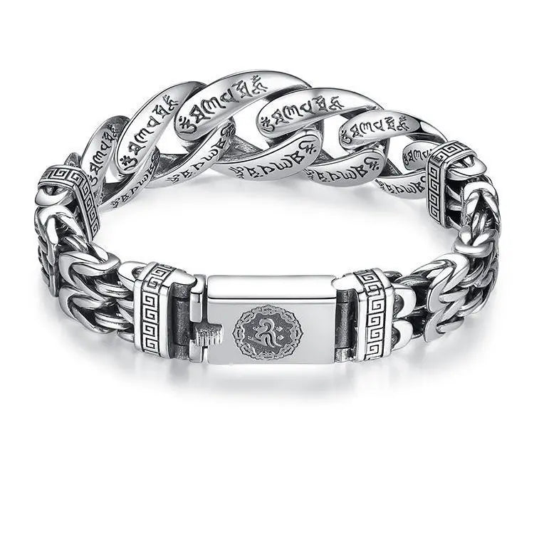 ⌚🕉️ Męska bransoletka w stylu retro z motywem pokoju i sześciosylabową mantrą – personalizowany wzór o wyjątkowym charakterze, symbolizujący spokój i pomyślność.