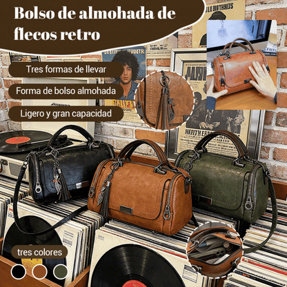 Bolso bandolera para mujer con diseño de borlas de estilo retro y patchwork de color liso, 2026