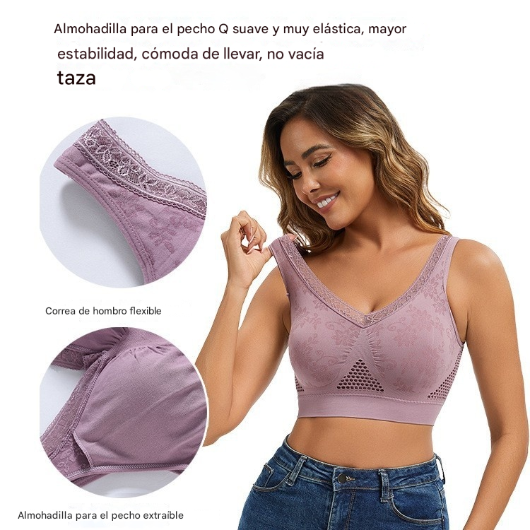 😍❤️40-120 kg【Paquete de 3】✨Sujetador de encaje sin aros para mujer, alta sujeción