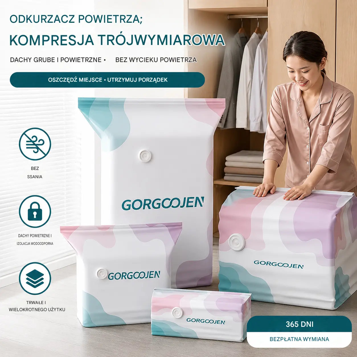 🧳 5 sztuk 💨 Duże kompresyjne worki próżniowe do przechowywania: bez potrzeby używania pompki, szczelne i idealne do oszczędzania miejsca w walizce i w domu ✈️