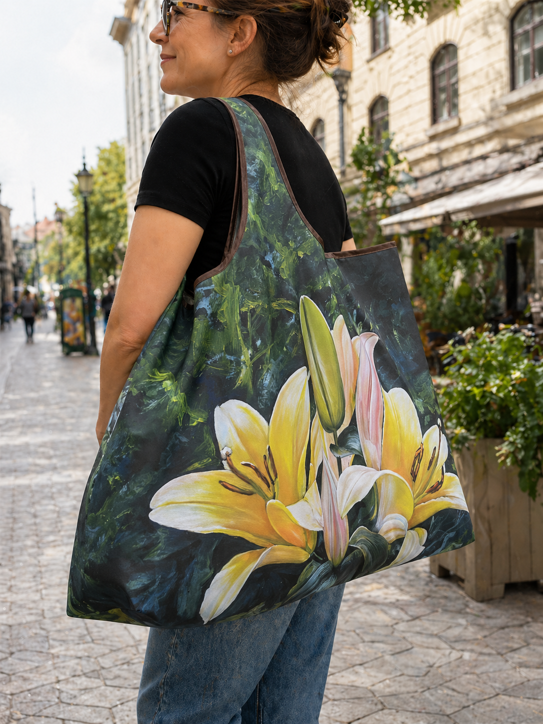 【Pago contra reembolso】Bolsa ecológica plegable grande de 56×40 cm con estampado artístico, ligera y compacta para ir de compras.