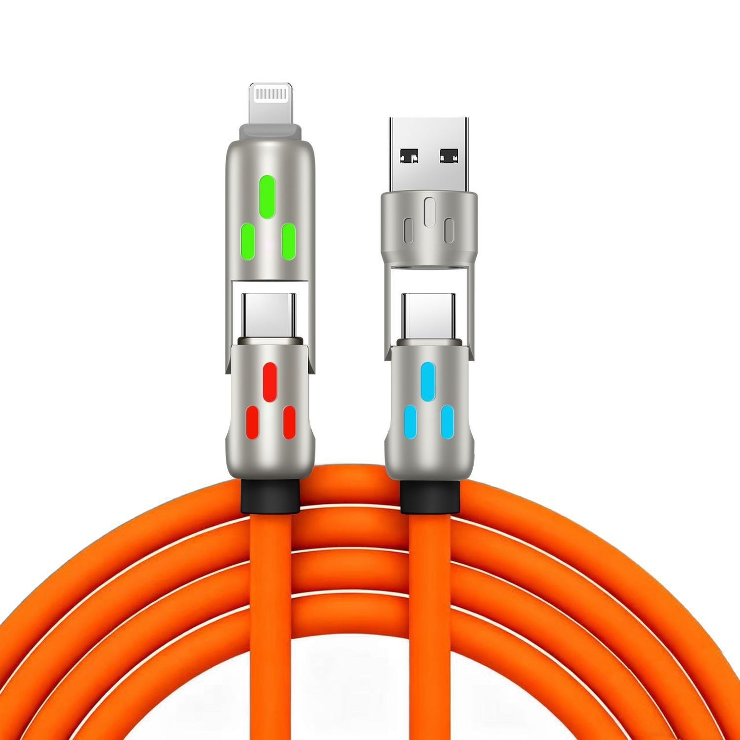 🔥 【2 sztuki za 99 zł】 🔥 (długość 2 m) Kabel 4 w 1 PD 240 W – szybkie ładowanie USB-C, Lightning i USB-A, aluminium i silikon, synchronizacja danych ⚡📱