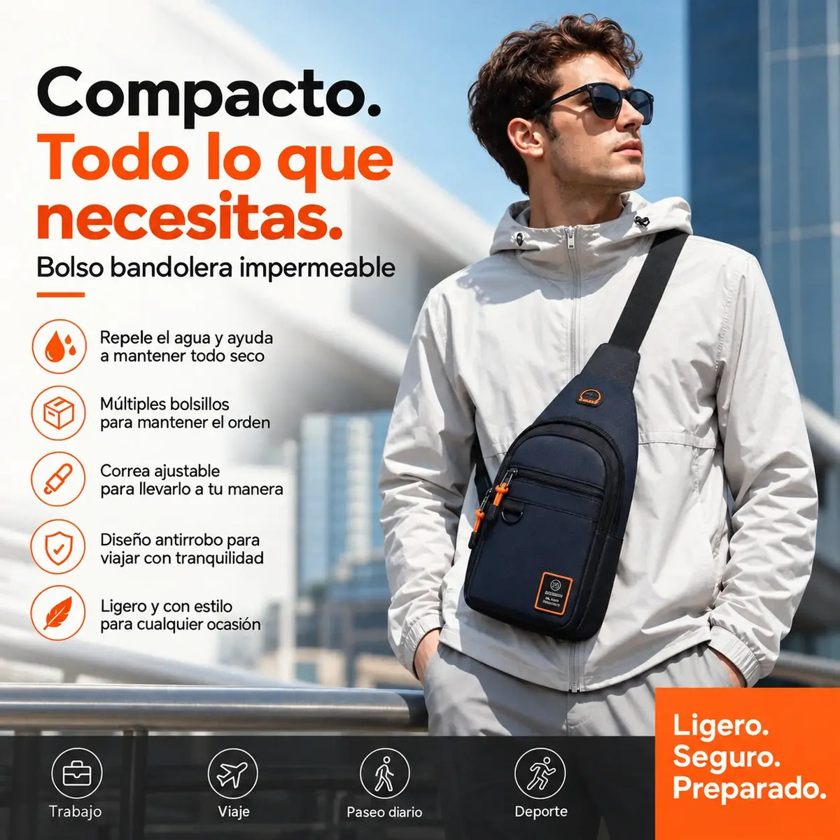 🎒 ✨ Bolso bandolera resistente al agua con múltiples bolsillos – almacenamiento organizado, correa ajustable y puerto para auriculares
