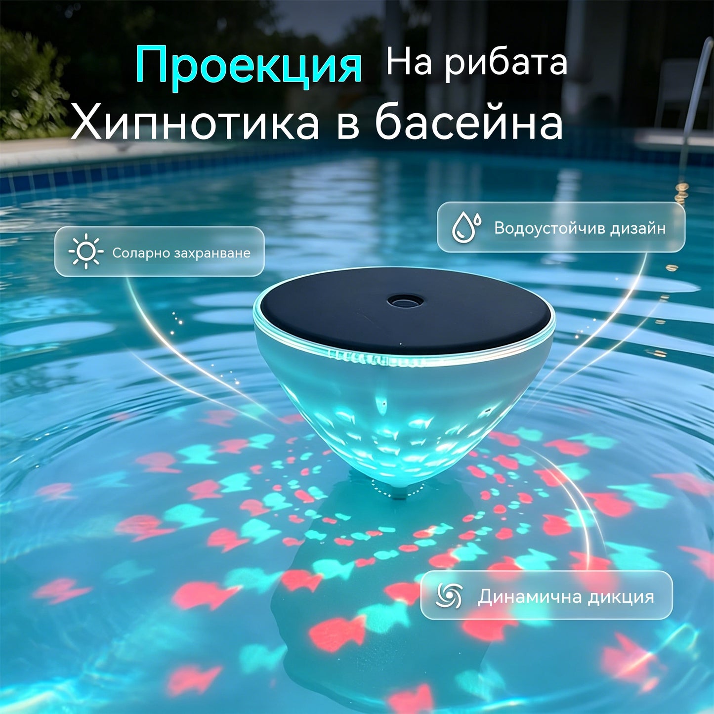 Плащане при доставка☀️🐠 Плаваща слънчева лампа за басейн с проекция на рибки💡💦
