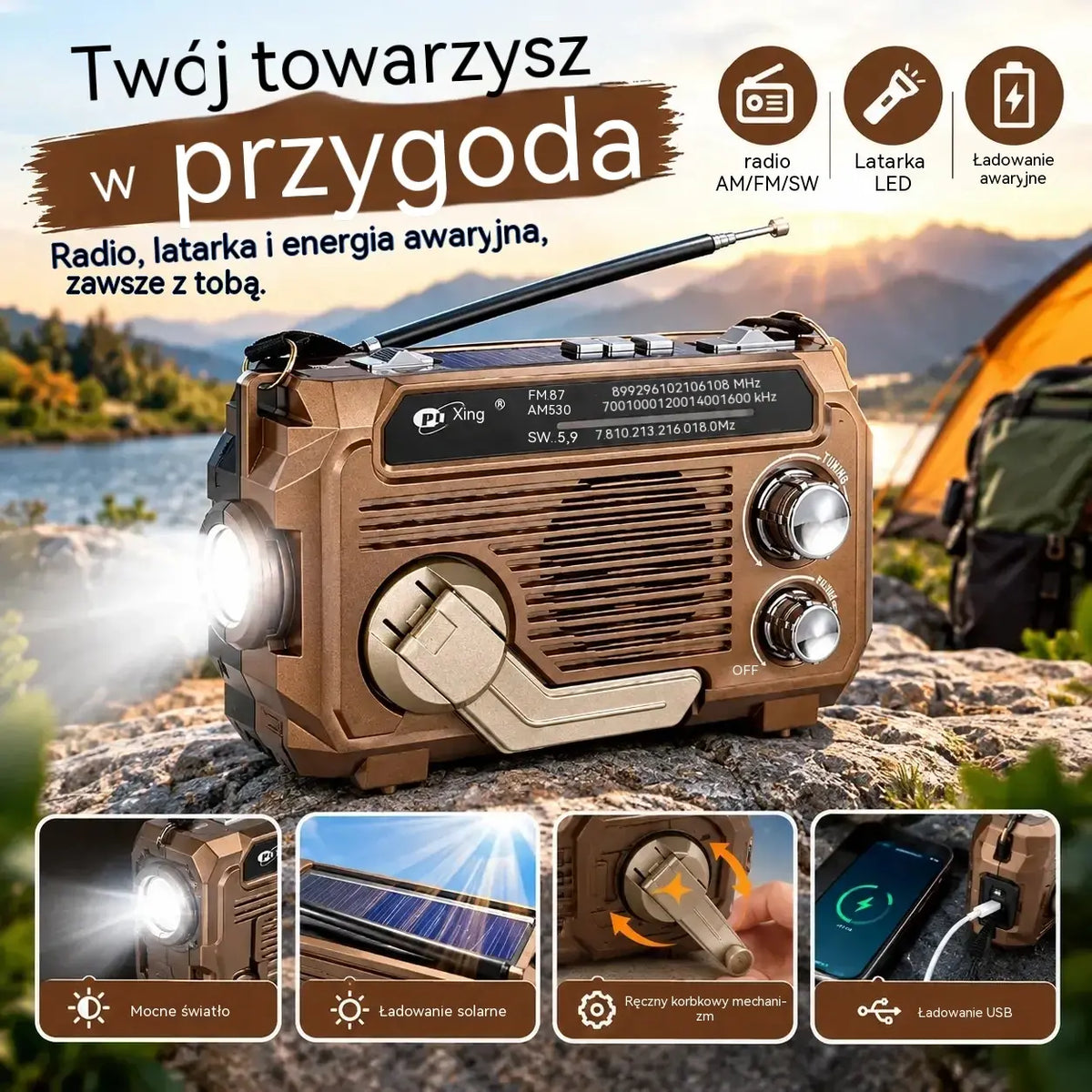 🔦 Przenośne radio awaryjne z ręcznym ładowaniem i lampką LED