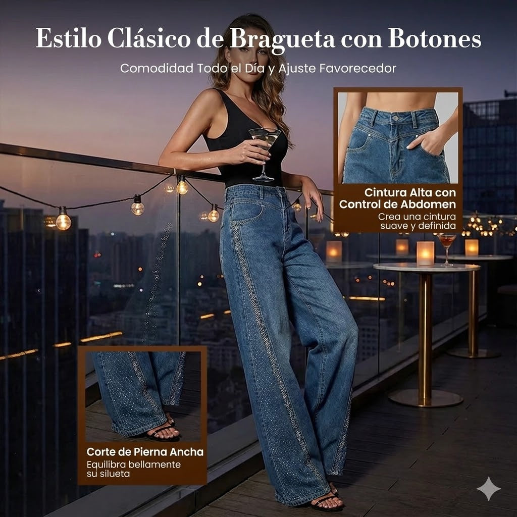 🌼【Ofertas de Primavera】✨ Vaqueros de pernera ancha para mujer con decoración de pedrería