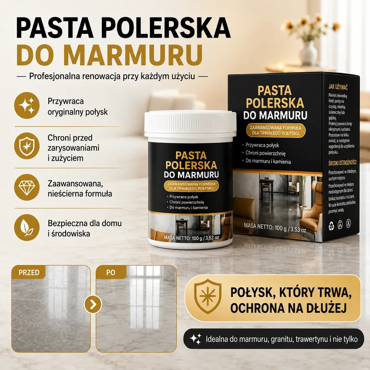 Dwie butelki za jedyne 109 zł! ✨ Pasta do polerowania marmuru – usuń zarysowania, przywróć połysk i zabezpiecz powierzchnię w zaledwie 2 minuty 🛡️
