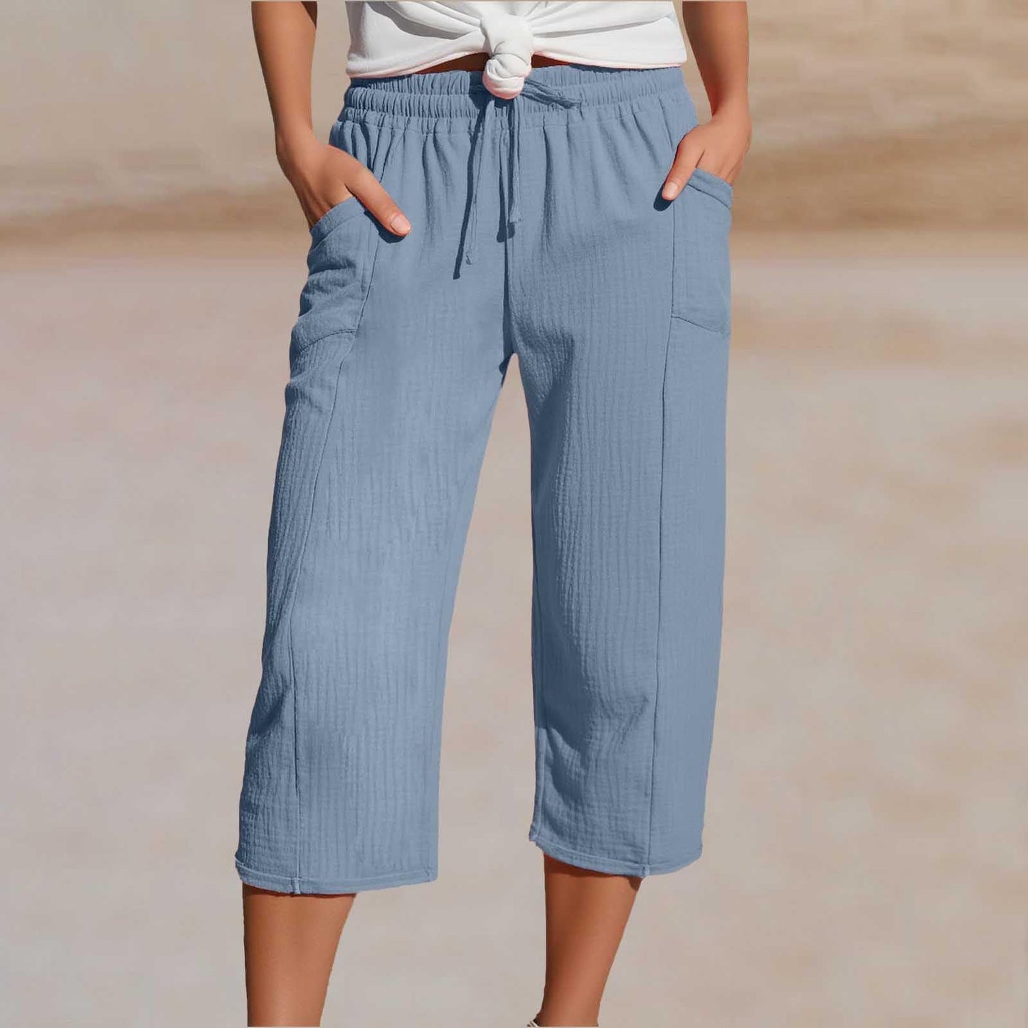 💖👖👖Ženske jednobojne plisirane capri hlače od pamuka i lana - hladne i prozračne, laskaju obliku nogu, elegantne i ležerne