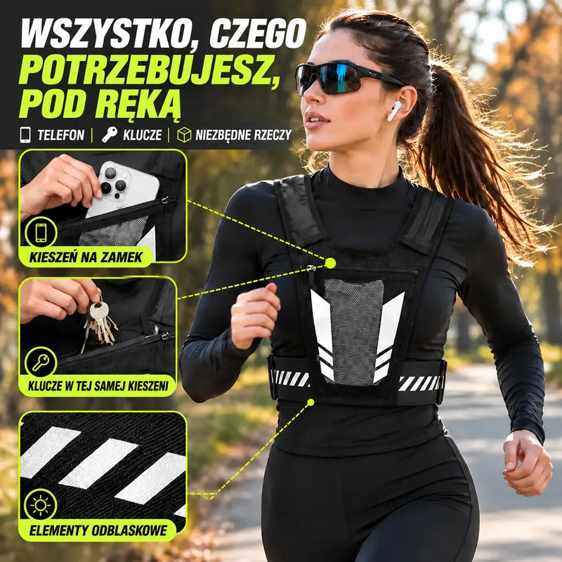 🏃 Kamizelka do biegania i uprawiania sportu z torbą na klatkę piersiową · Kieszeń na telefon zapinana na zamek · Tylny uchwyt na butelkę z wodą · Elementy odblaskowe zwiększające widoczność po zmroku · Oddychająca siateczka i regulowane paski