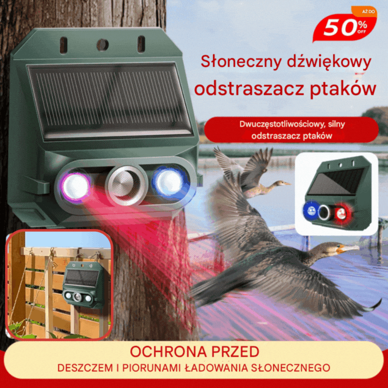 【30% OFF】🔥Odstraszacz ptaków ultradźwiękowy zasilany energią słoneczną do użytku na zewnątrz z migającym światłem podczerwonym, z czerwoną i niebieską diodą LED