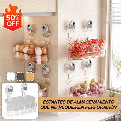 🍽️🧺🔥¡50% de descuento!🔥Estante de almacenamiento con ventosa sin perforaciones, escurridor de pared para cocina y baño