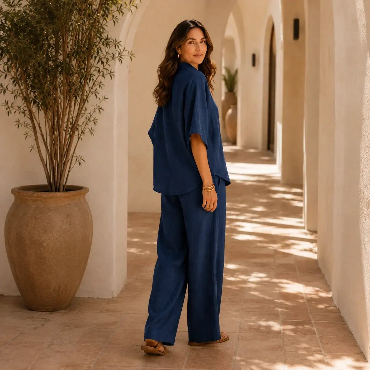 Maribel | Conjunto de lino con mangas murciélago y pantalón ancho