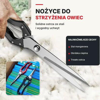 ✂️ Profesjonalne nożyce sprężynowe do strzyżenia wełny i sierści · Stal manganowa/węglowa · Ostre i wytrzymałe ostrza · Wielofunkcyjne nożyce gospodarskie