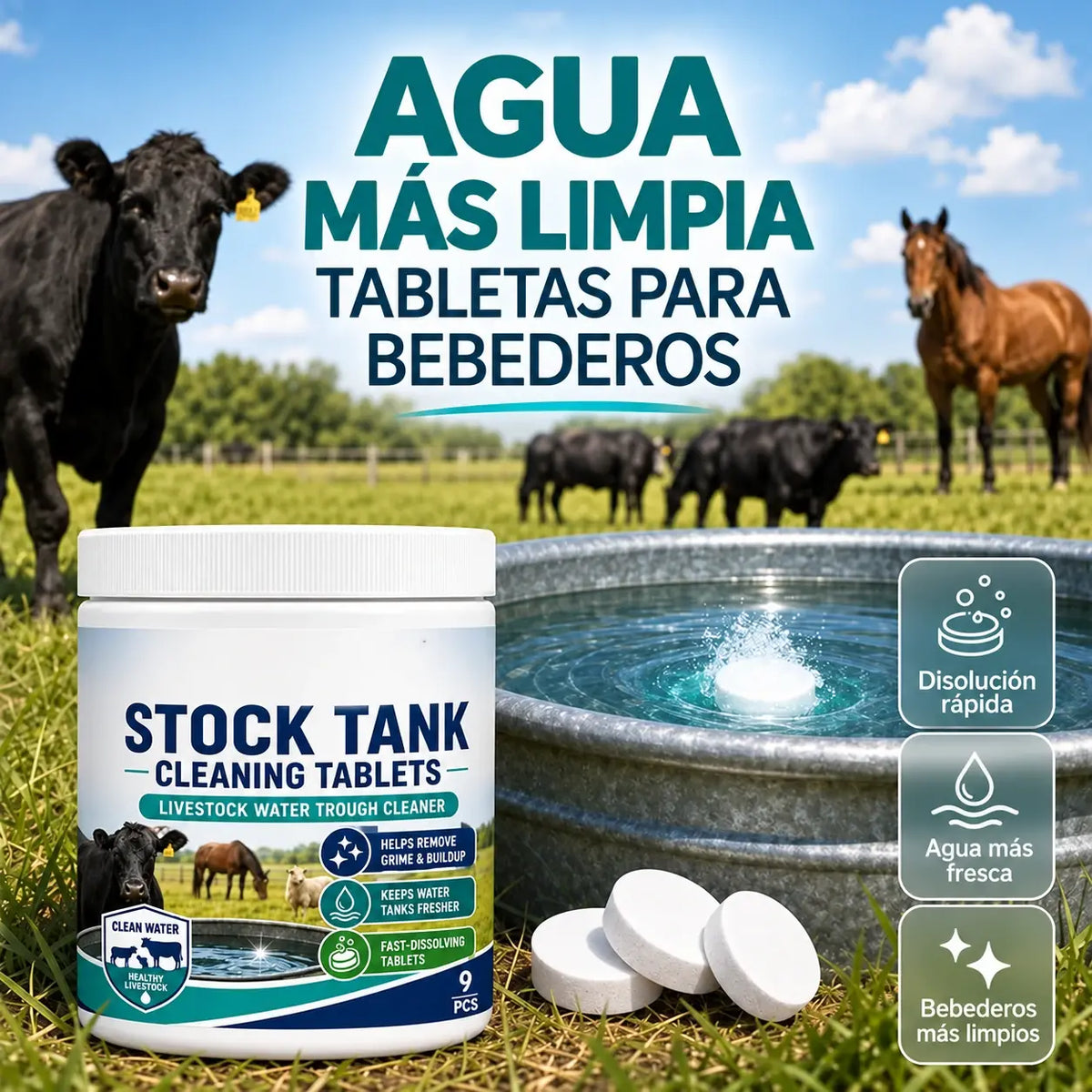 Pastillas de disolución rápida para la limpieza de tanques de agua para ganado