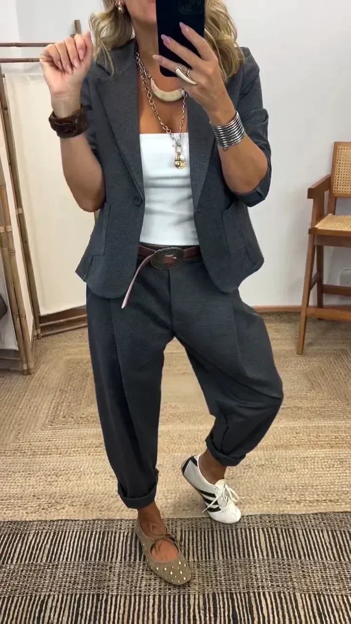 🔥50% отстъпка✨Дамски комплект яке и панталон с яка - Slim Fit, мека материя👖✨【40-100 кг】