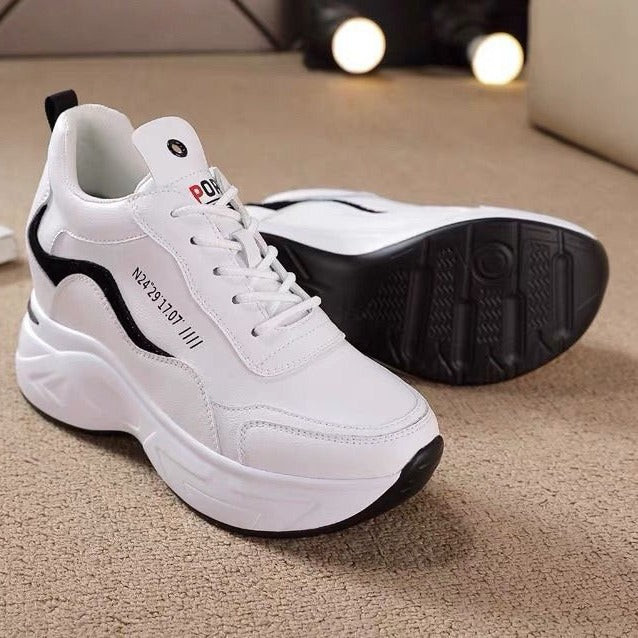 Nowe skórzane buty sportowe na grubej, podwyższonej podeszwie, w casualowym stylu