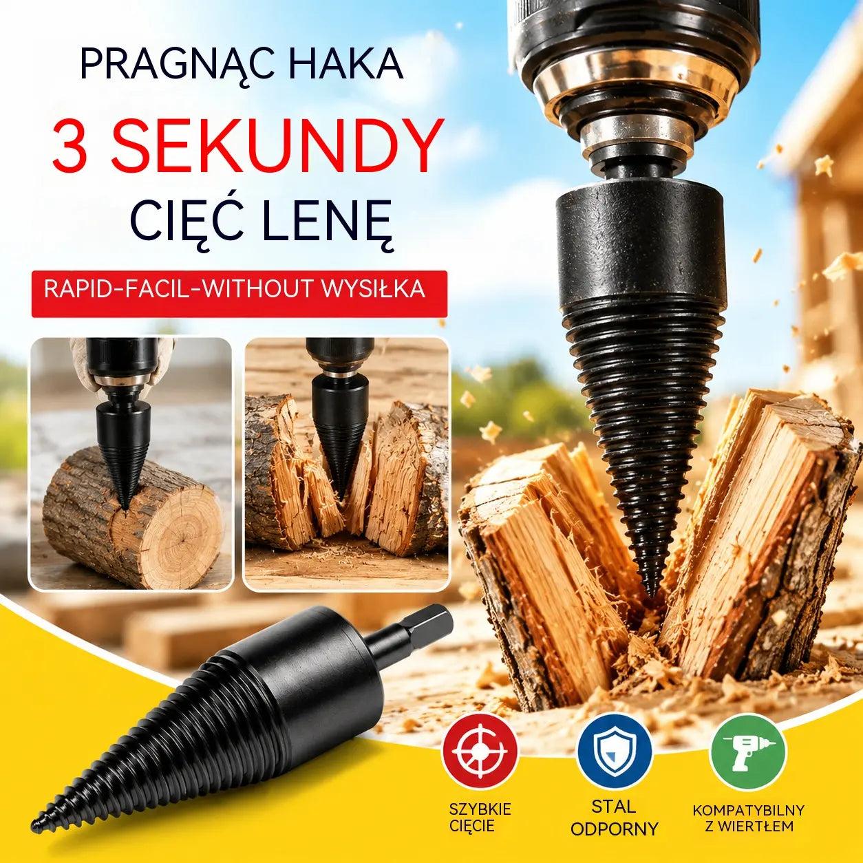 【Wiertło do rozbijania drewna o średnicy 50 mm + 3 rodzaje adapterów o różnych wymiarach】Elektryczne wiertło do rozbijania drewna z wzmocnionego stali, mocne i oszczędzające siłę