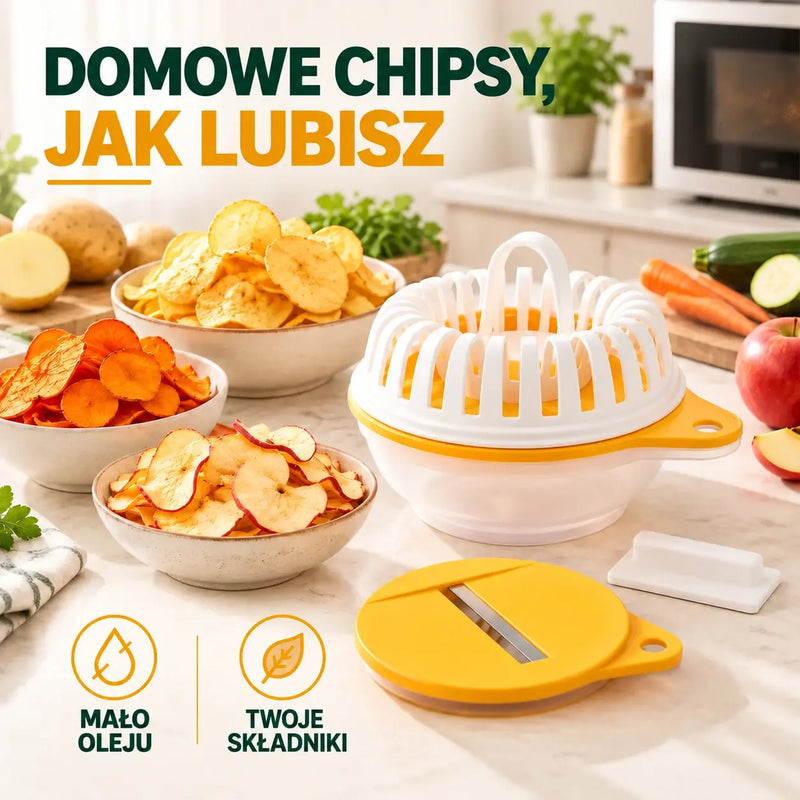 Zestaw do przygotowywania chrupiących chipsów ziemniaczanych w mikrofalówce, z krajalnicą i miską – domowe przekąski bez oleju