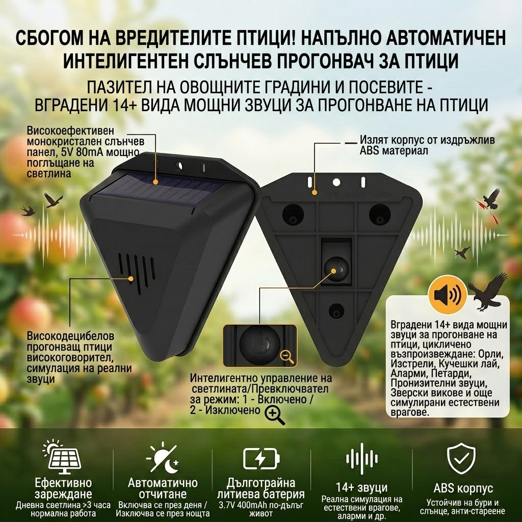 【Плащане при доставка】Соларен уред за прогонване на птици със звук и светлина за градина, овощни градини, рибарници и оризища