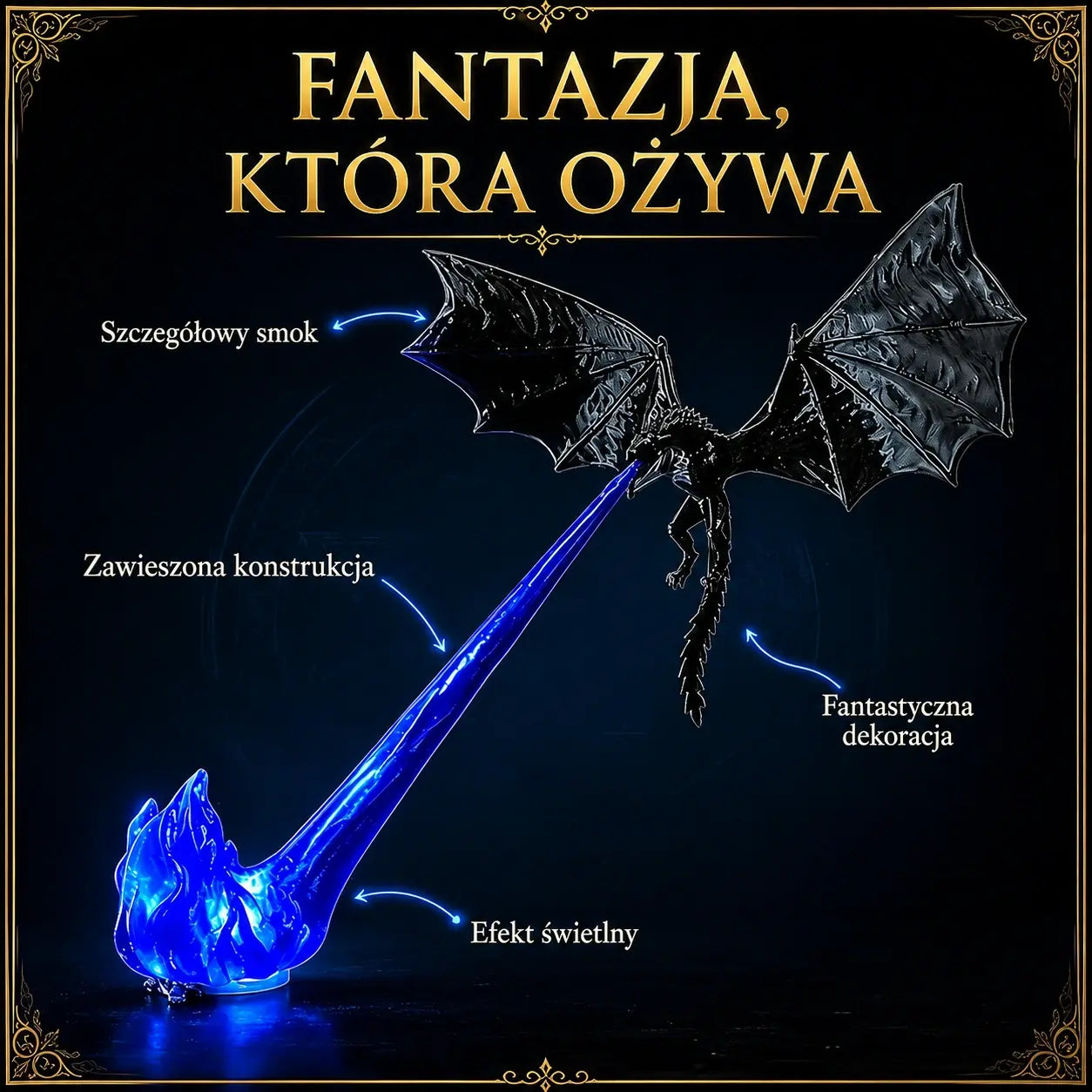 Lampa LED 3D w kształcie smoka ziejącego ogniem | Świecąca dekoracja fantasy na półkę