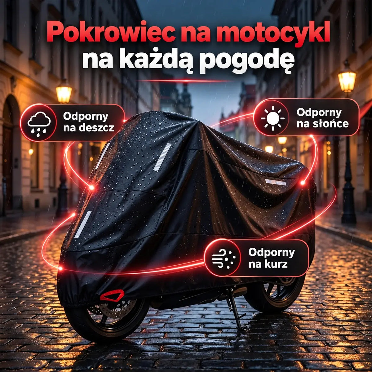 🏍️ 50% zniżki tylko dziś! Uniwersalny pokrowiec na motocykl | Wodoodporny, wytrzymały i odporny na promieniowanie UV | Pasuje do większości motocykli | Wzmocnione szwy i otwory zabezpieczające | Idealny do użytku na zewnątrz 🌧️☀️
