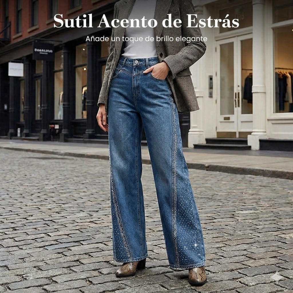 🌼【Ofertas de Primavera】✨ Vaqueros de pernera ancha para mujer con decoración de pedrería