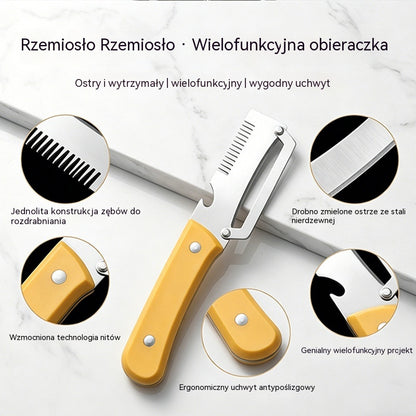 ✅Kup 1, drugi gratis (2 sztuki) 🧅🔪 Wielofunkcyjna obieraczka kuchenna 3 w 1: obiera, kroi i otwiera butelki! 🔥