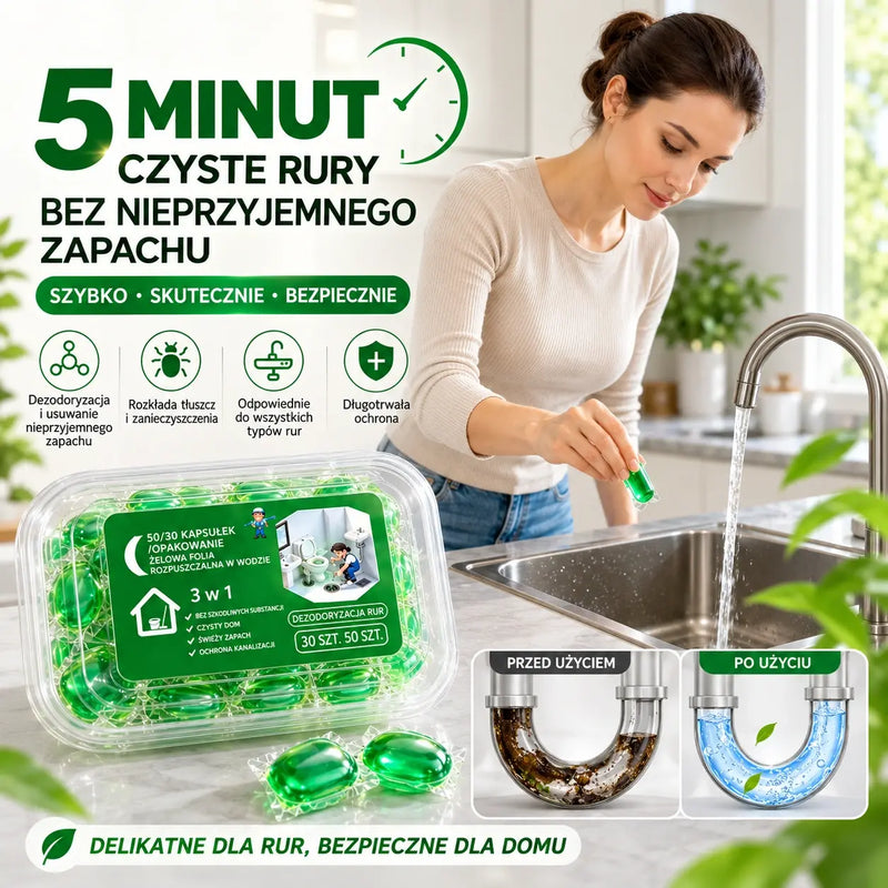 2 opakowania (100 tabletek) 👍 Rozpuszczalne w wodzie kapsułki do usuwania nieprzyjemnych zapachów z odpływów – idealne rozwiązanie, które pomaga zapobiegać rozprzestrzenianiu się nieprzyjemnych zapachów w łazience i kuchni.